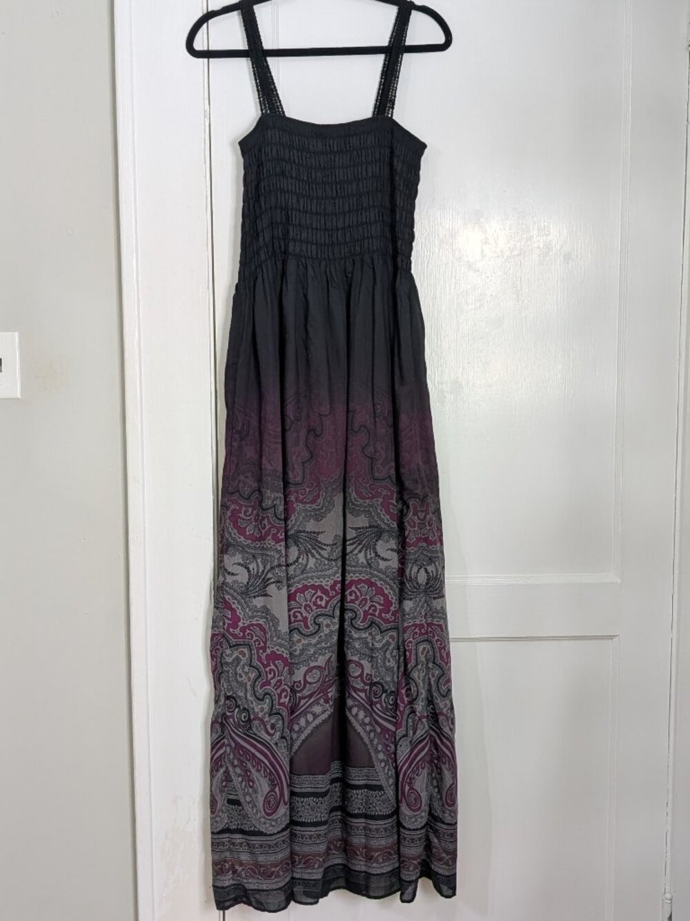 Free People Women's Small Whimsigoth Maxi Dress Smocked Boho Black Purple Artsy